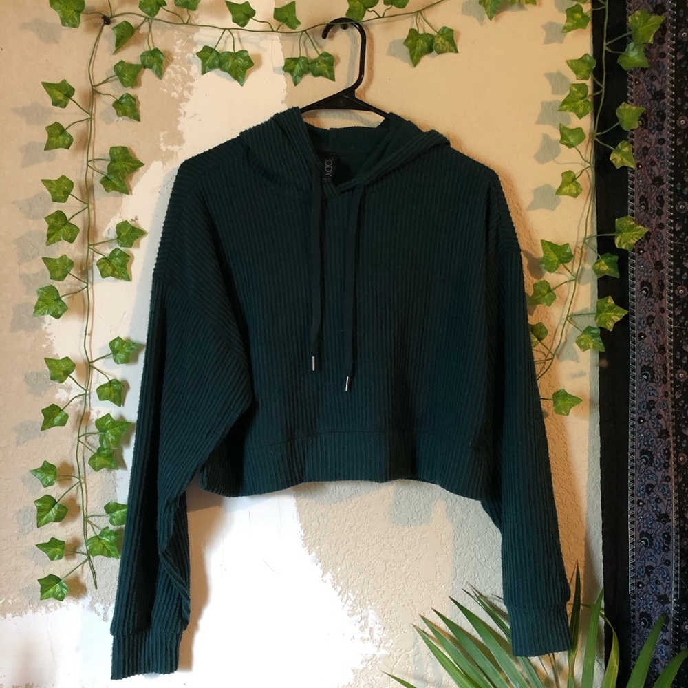 Ribbed Deep Forest Green Cropped Hoodie